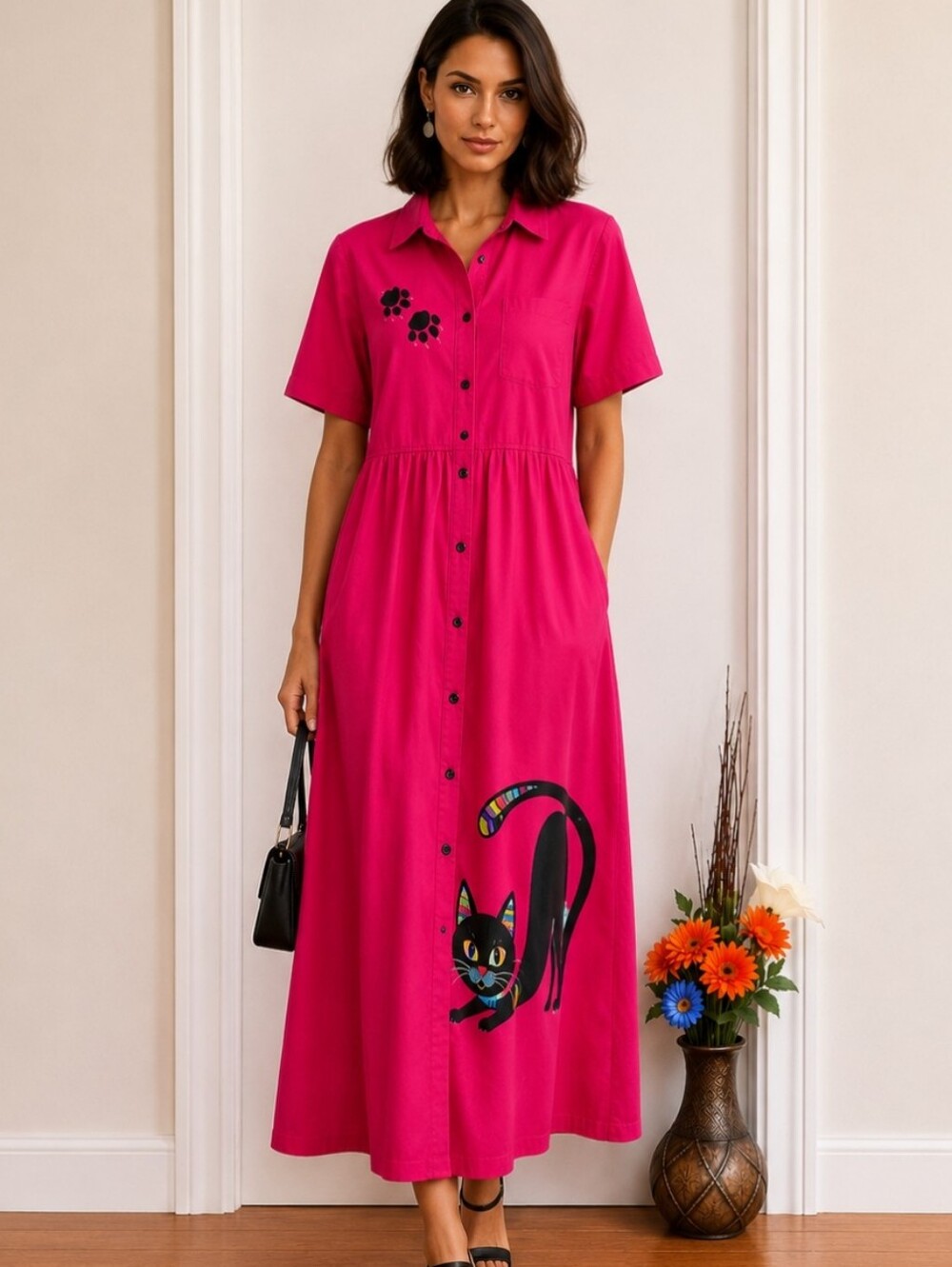 Vintage Iris 80's Colourful Pink Cat Print Maxi Dress | 100% Cotton Pockets Tall - Picture 10 of 10